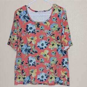 Time and Tru Top Womens XL 16-18 Orange Multicolor Floral Short Sleeve Stretch